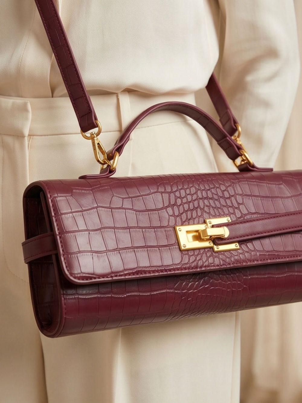 Structured Top-Handle Croc-Embossed Bag in Burgundy - Picture 6 of 6